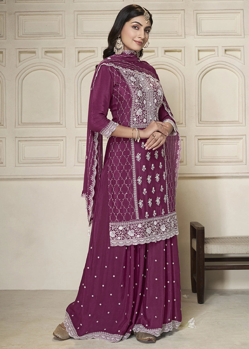 Deep Ruby Purple Chinon Silk Sharara Suit with Intricate White Thread & Sequin Embroidery - House of Sarvati LLC