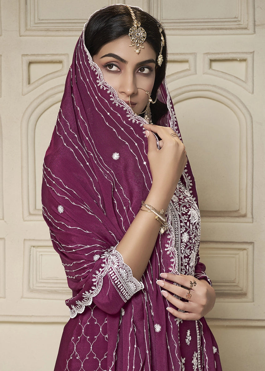 Deep Ruby Purple Chinon Silk Sharara Suit with Intricate White Thread & Sequin Embroidery - House of Sarvati LLC