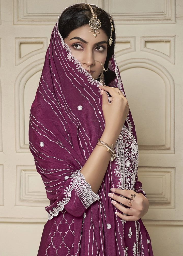 Deep Ruby Purple Chinon Silk Sharara Suit with Intricate White Thread & Sequin Embroidery - House of Sarvati LLC