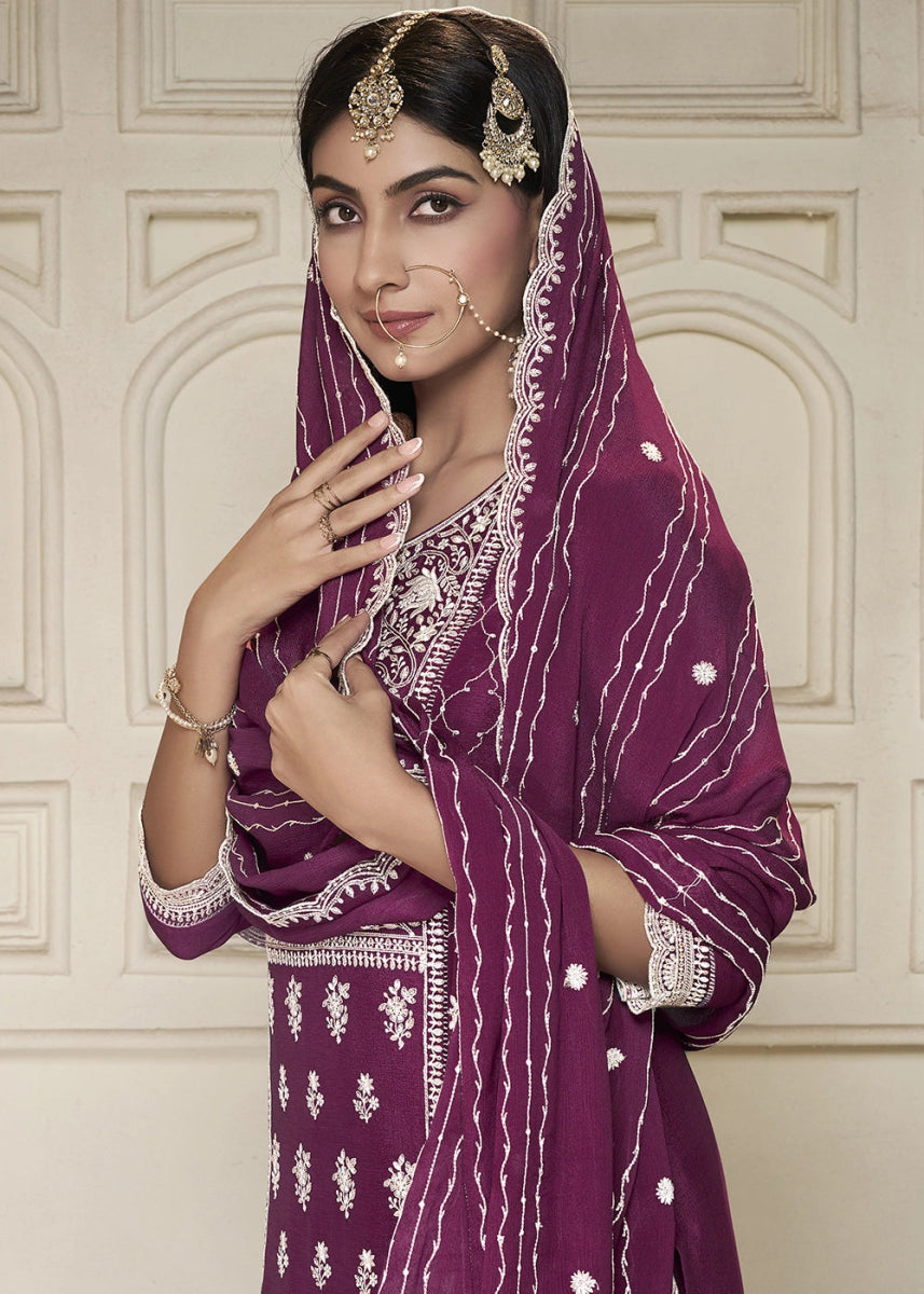 Deep Ruby Purple Chinon Silk Sharara Suit with Intricate White Thread & Sequin Embroidery - House of Sarvati LLC