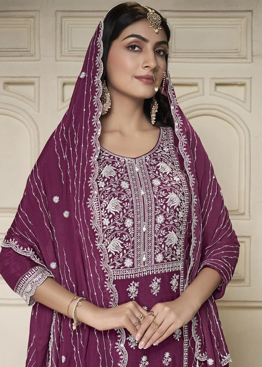 Deep Ruby Purple Chinon Silk Sharara Suit with Intricate White Thread & Sequin Embroidery - House of Sarvati LLC