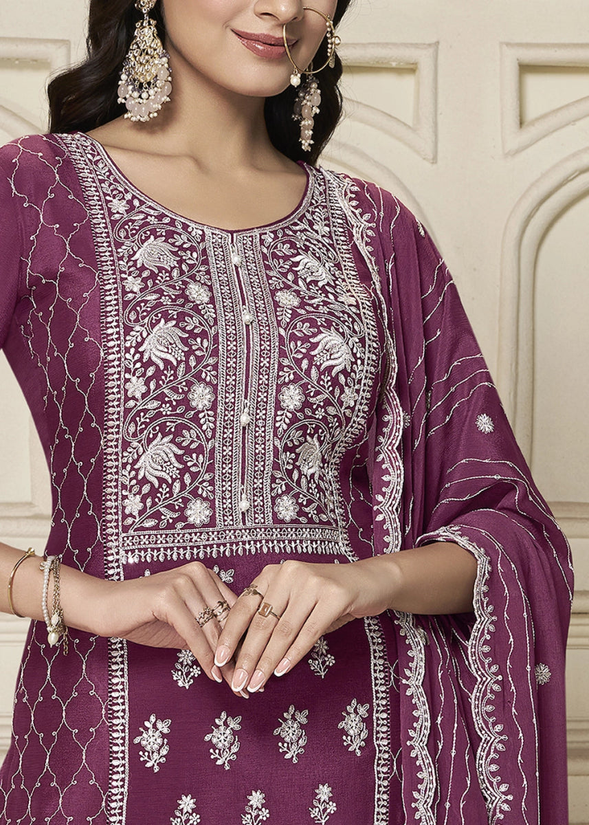 Deep Ruby Purple Chinon Silk Sharara Suit with Intricate White Thread & Sequin Embroidery - House of Sarvati LLC