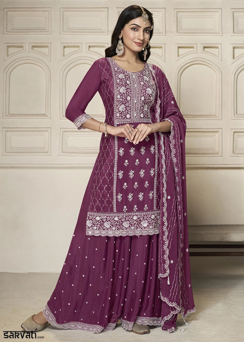 Deep Ruby Purple Chinon Silk Sharara Suit with Intricate White Thread & Sequin Embroidery - House of Sarvati LLC