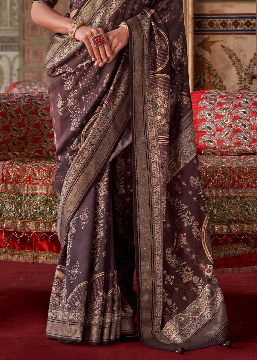 Deep Ruby Purple Silk Saree with Printed Patterns - House of Sarvati LLC