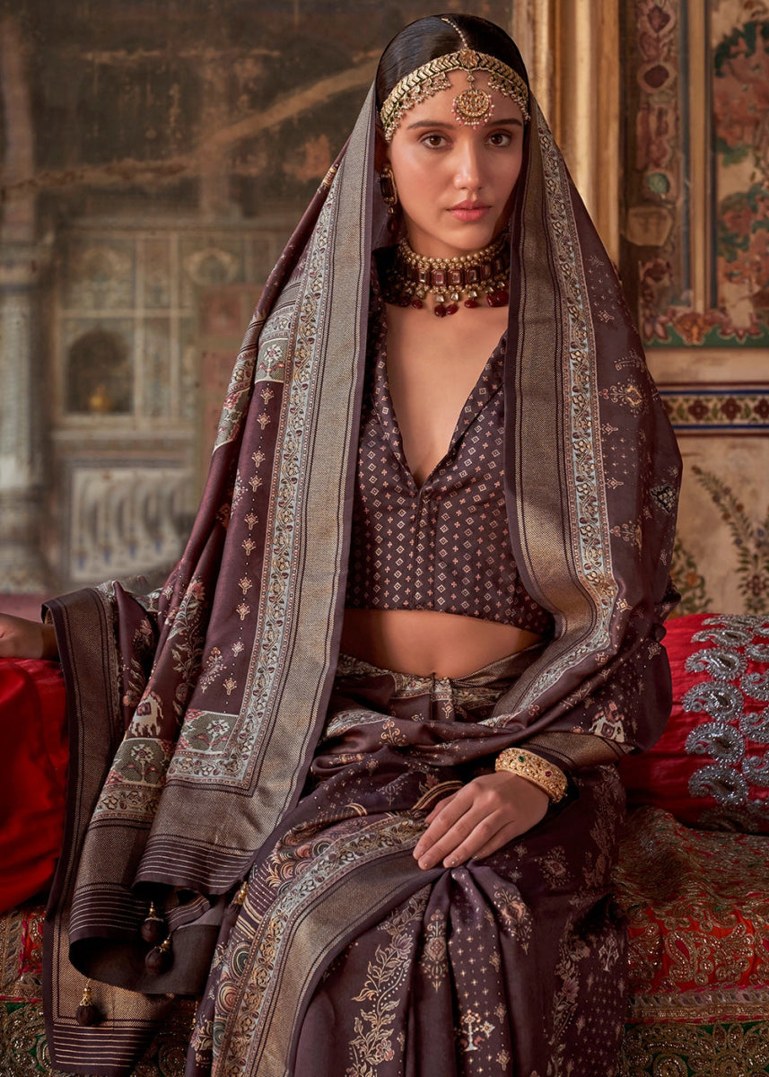 Deep Ruby Purple Silk Saree with Printed Patterns - House of Sarvati LLC