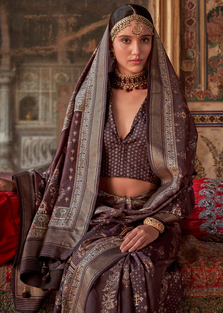 Deep Ruby Purple Silk Saree with Printed Patterns - House of Sarvati LLC