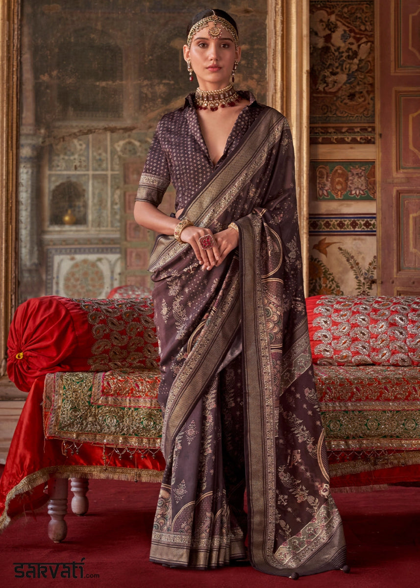 Deep Ruby Purple Silk Saree with Printed Patterns - House of Sarvati LLC