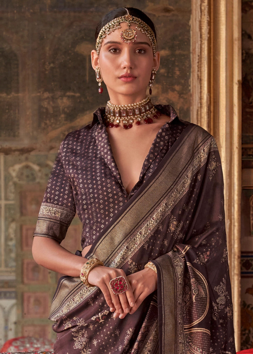 Deep Ruby Purple Silk Saree with Printed Patterns - House of Sarvati LLC