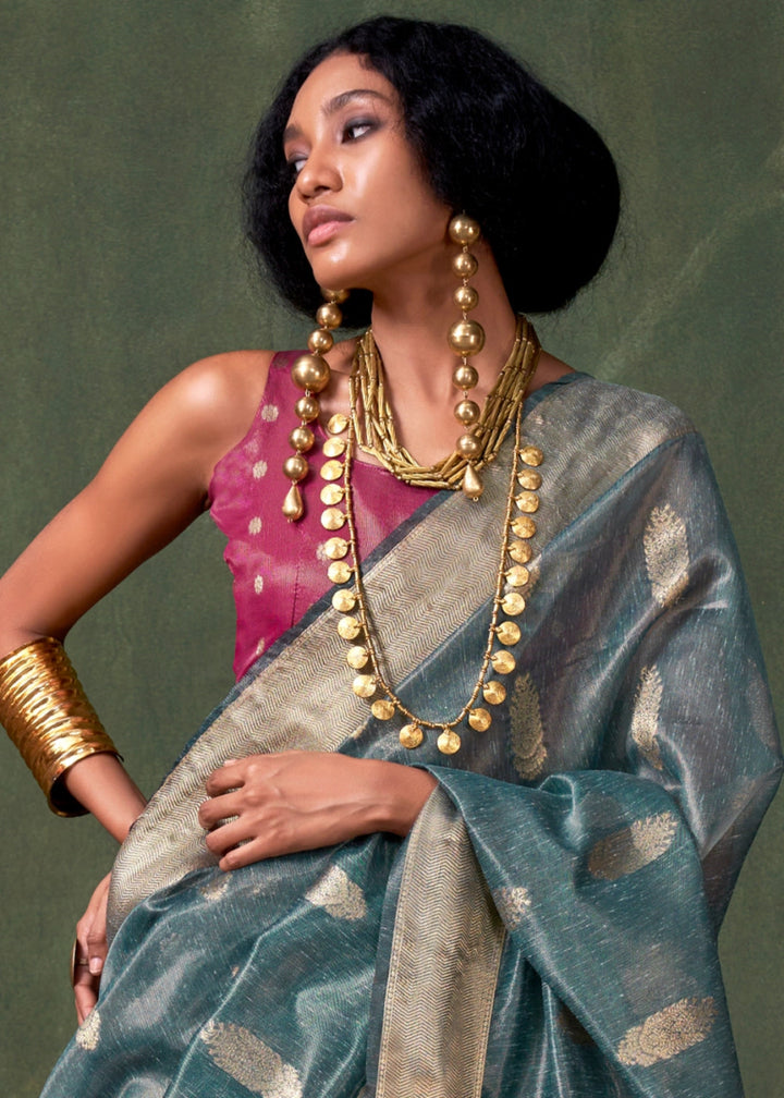 Deep Sea Blue Paithani Saree in Tissue Silk with Zari Work - House of Sarvati LLC