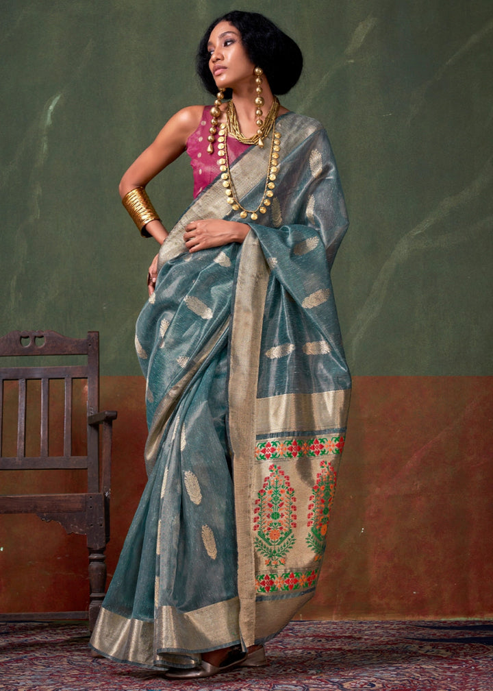 Deep Sea Blue Paithani Saree in Tissue Silk with Zari Work - House of Sarvati LLC