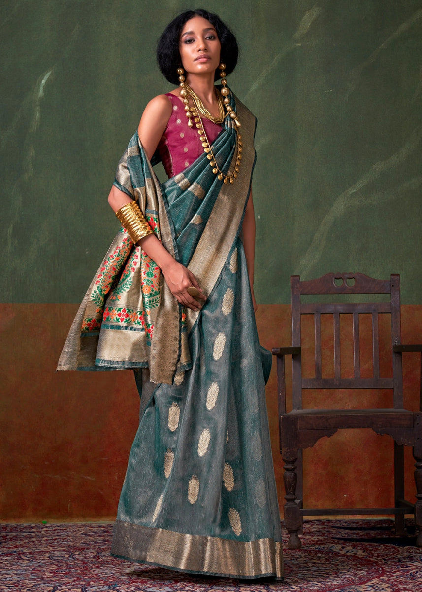 Deep Sea Blue Paithani Saree in Tissue Silk with Zari Work - House of Sarvati LLC