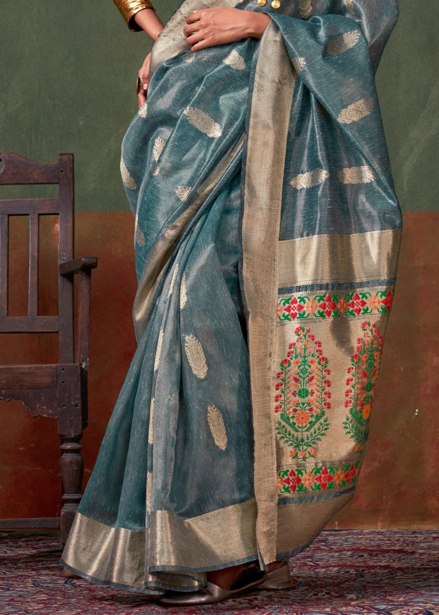 Deep Sea Blue Paithani Saree in Tissue Silk with Zari Work - House of Sarvati LLC