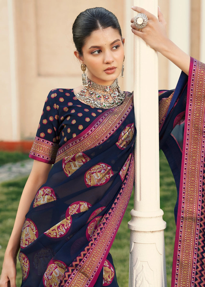 Denim Blue Handwoven Zari Georgette Silk Saree - House of Sarvati LLC