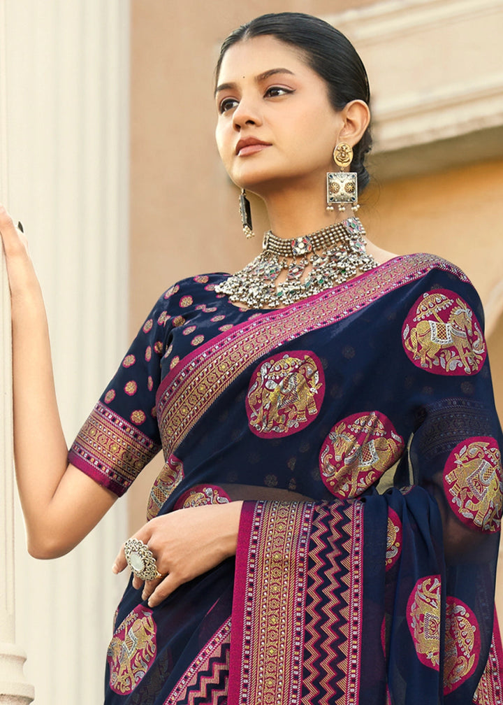 Denim Blue Handwoven Zari Georgette Silk Saree - House of Sarvati LLC