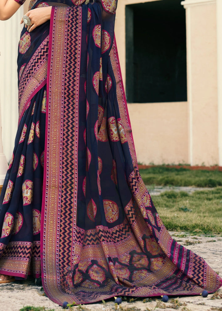 Denim Blue Handwoven Zari Georgette Silk Saree - House of Sarvati LLC
