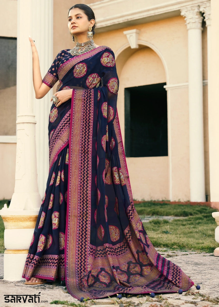 Denim Blue Handwoven Zari Georgette Silk Saree - House of Sarvati LLC