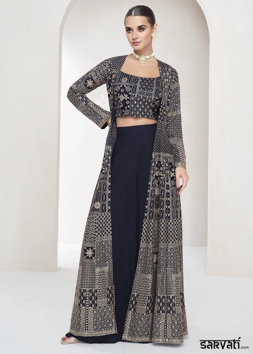 Denim Blue Palazzo and Top Set in Georgette with Full Embroidery Jacket - House of Sarvati LLC