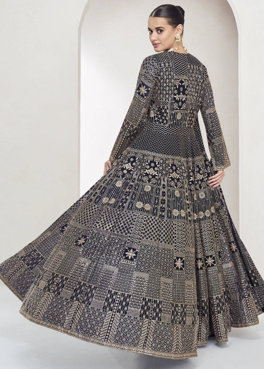 Denim Blue Palazzo and Top Set in Georgette with Full Embroidery Jacket - House of Sarvati LLC