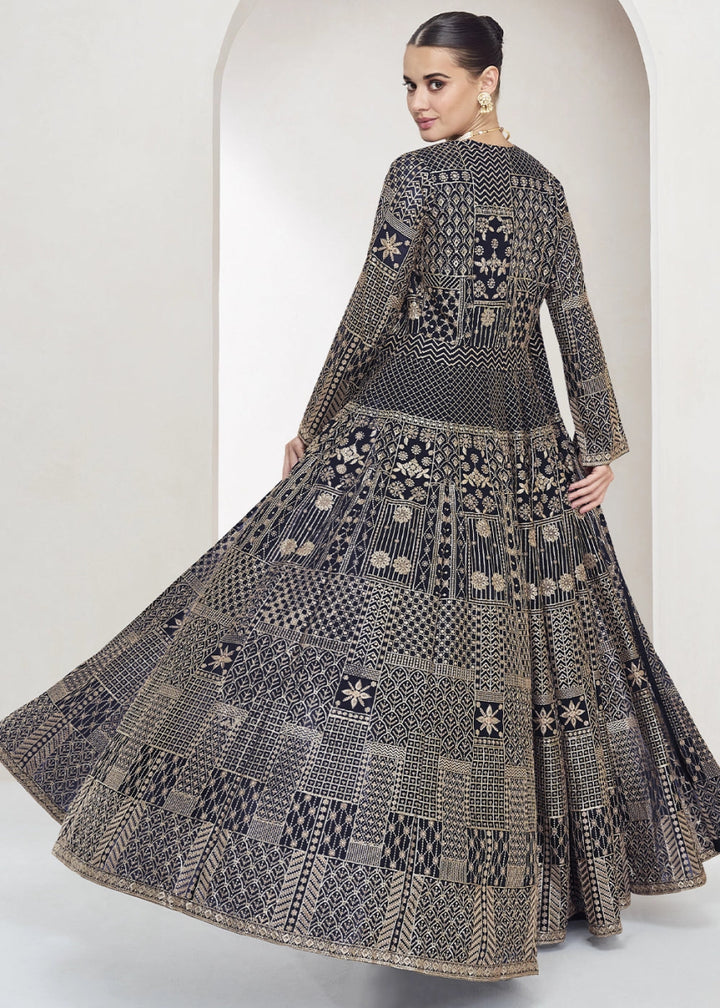 Denim Blue Palazzo and Top Set in Georgette with Full Embroidery Jacket - House of Sarvati LLC