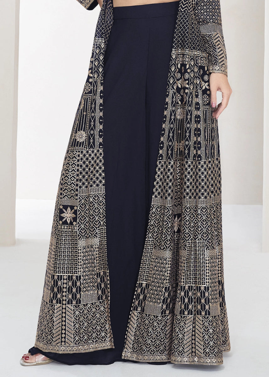 Denim Blue Palazzo and Top Set in Georgette with Full Embroidery Jacket - House of Sarvati LLC