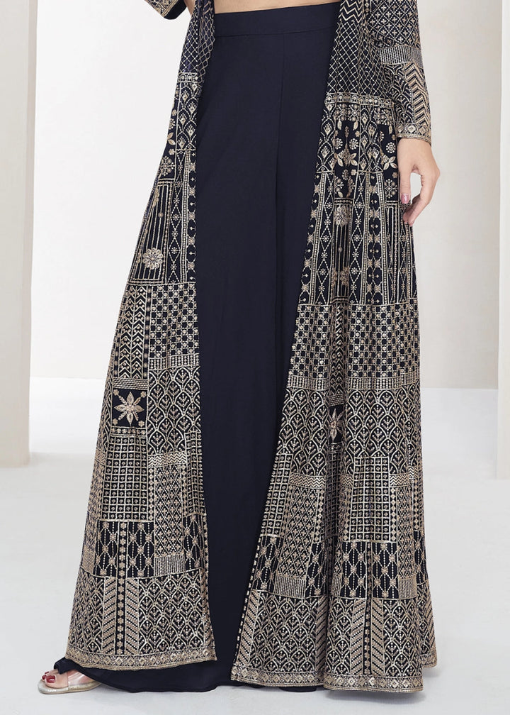Denim Blue Palazzo and Top Set in Georgette with Full Embroidery Jacket - House of Sarvati LLC