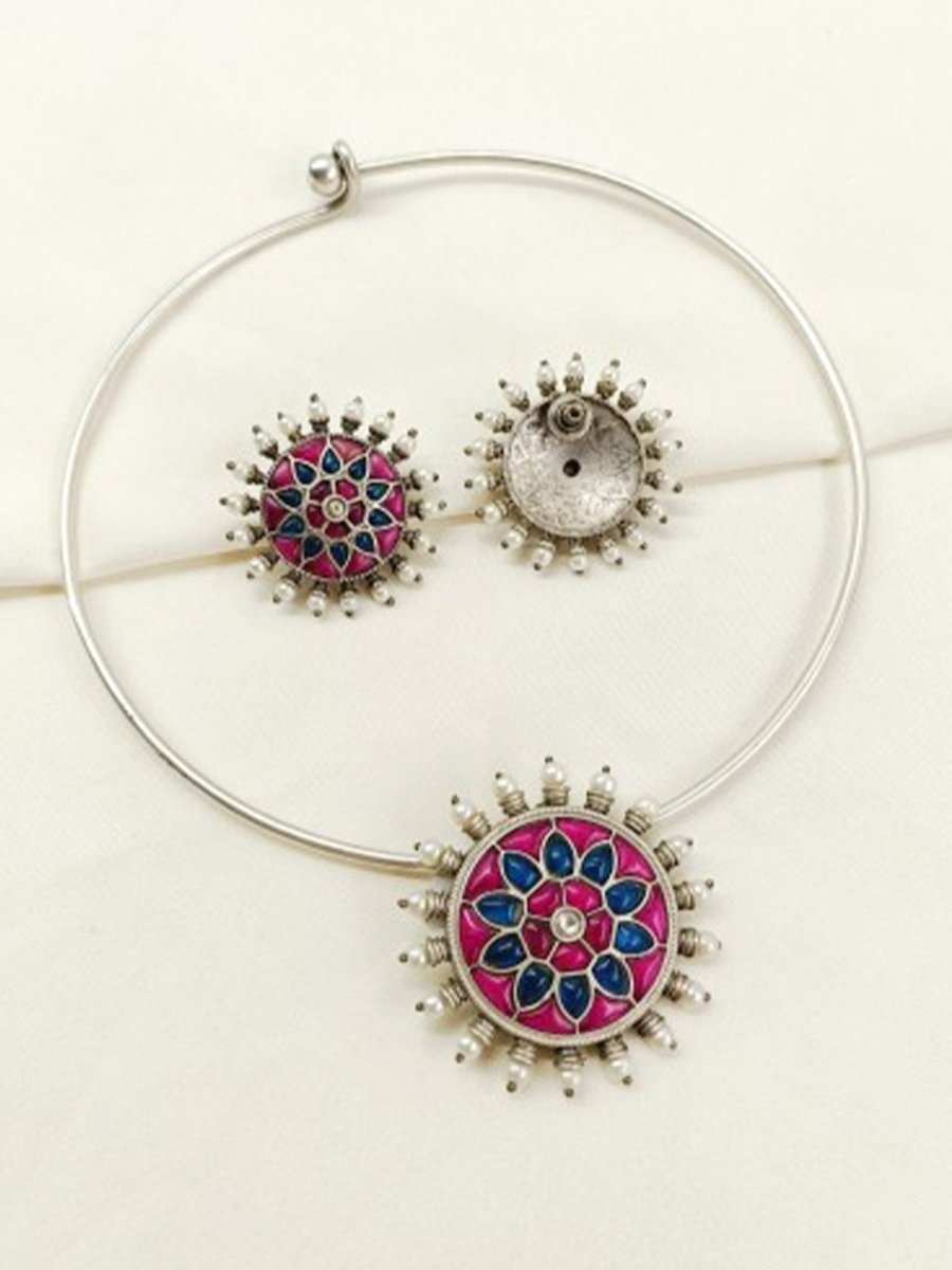 Dhita P&B Oxidized Hasli Style Necklace Set - House of Sarvati LLC