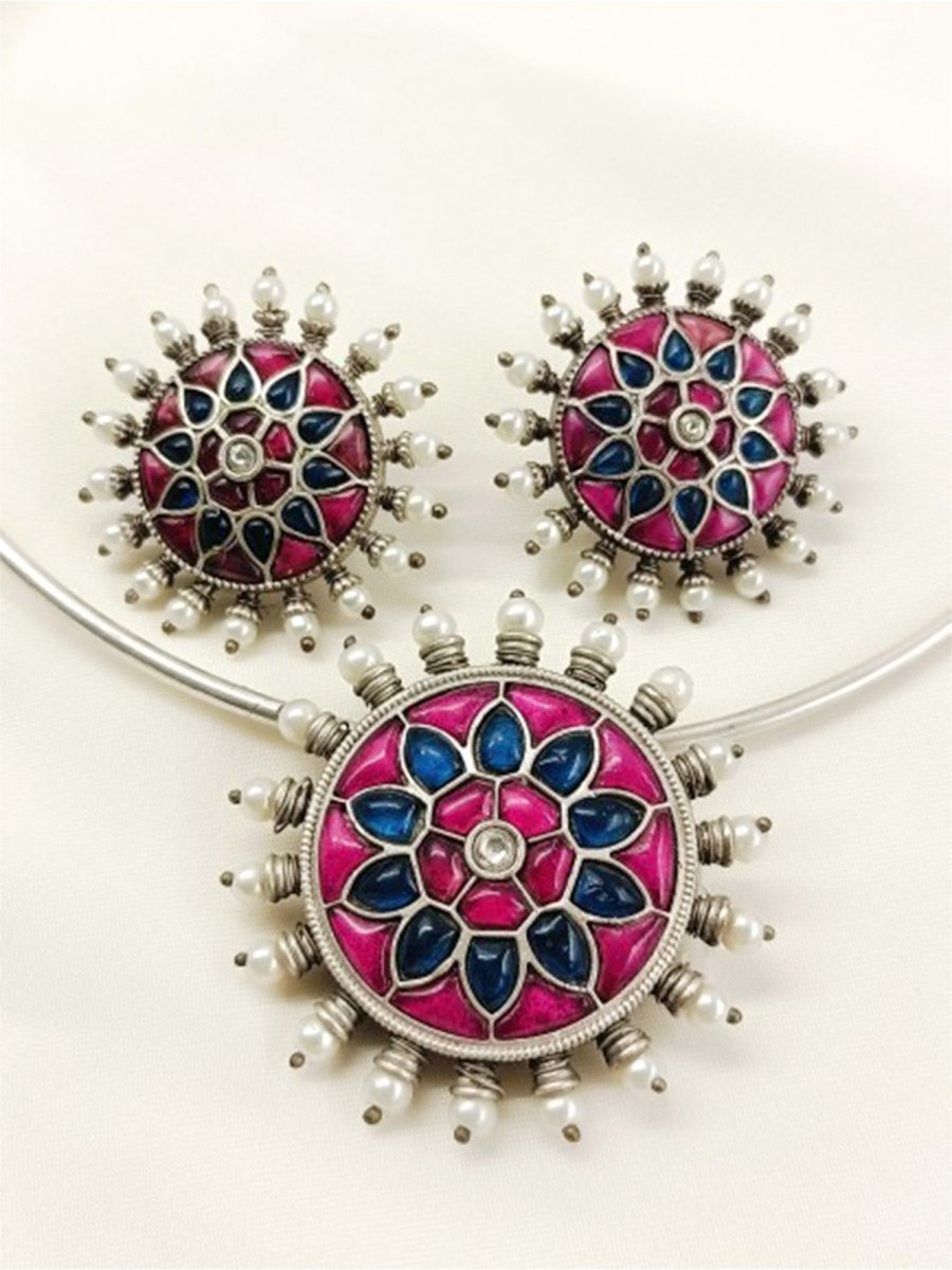 Dhita P&B Oxidized Hasli Style Necklace Set - House of Sarvati LLC