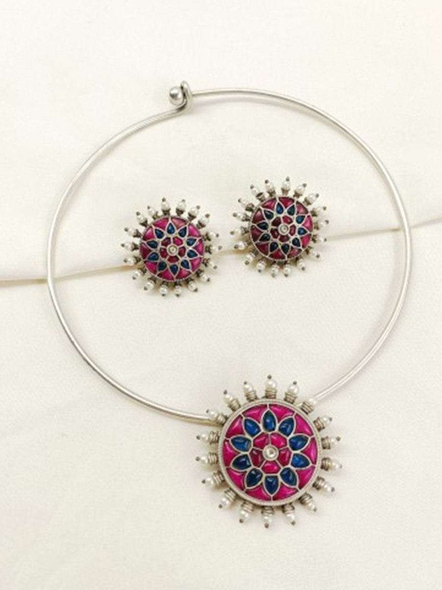 Dhita P&B Oxidized Hasli Style Necklace Set - House of Sarvati LLC