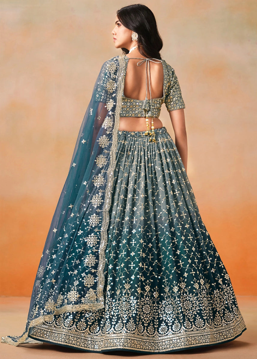 Dove Blue Lehenga Choli in Georgette with Sequin Zari Work - House of Sarvati LLC