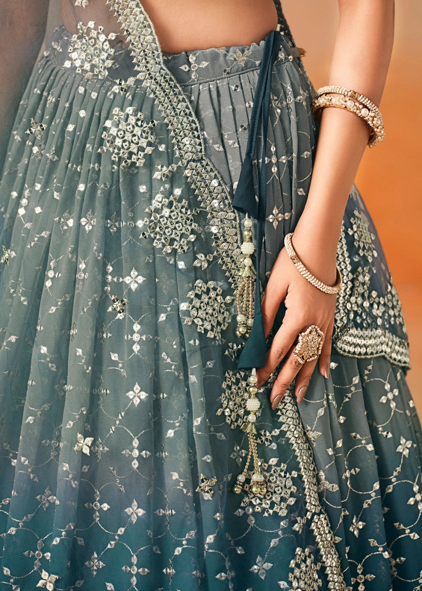 Dove Blue Lehenga Choli in Georgette with Sequin Zari Work - House of Sarvati LLC