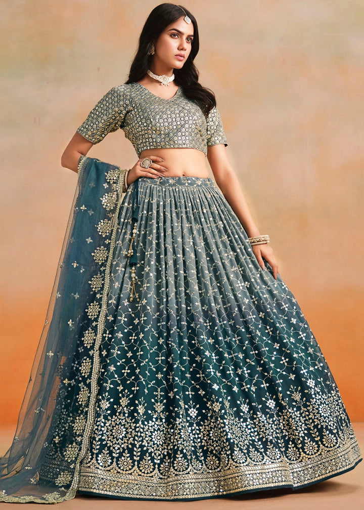 Dove Blue Lehenga Choli in Georgette with Sequin Zari Work - House of Sarvati LLC