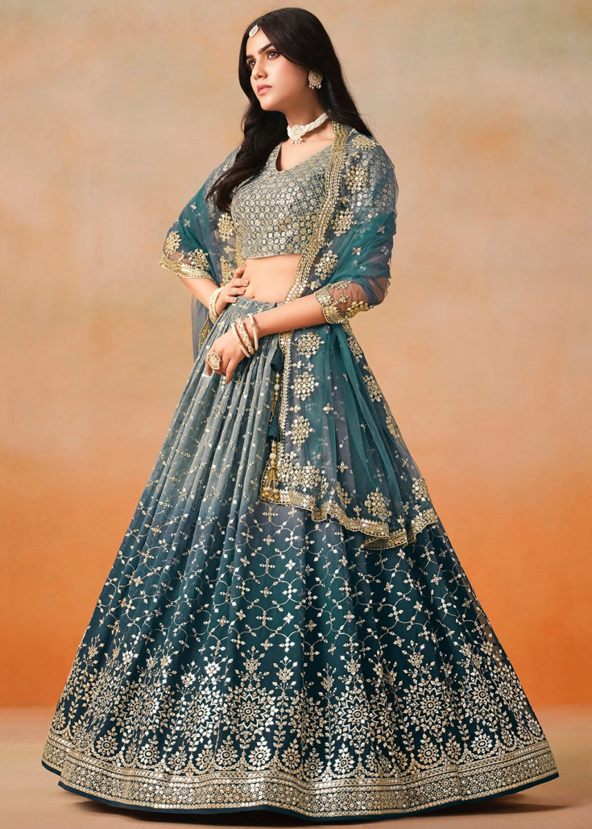 Dove Blue Lehenga Choli in Georgette with Sequin Zari Work - House of Sarvati LLC