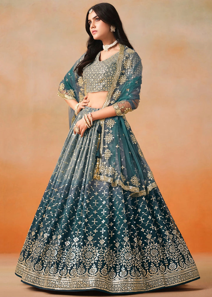 Dove Blue Lehenga Choli in Georgette with Sequin Zari Work - House of Sarvati LLC