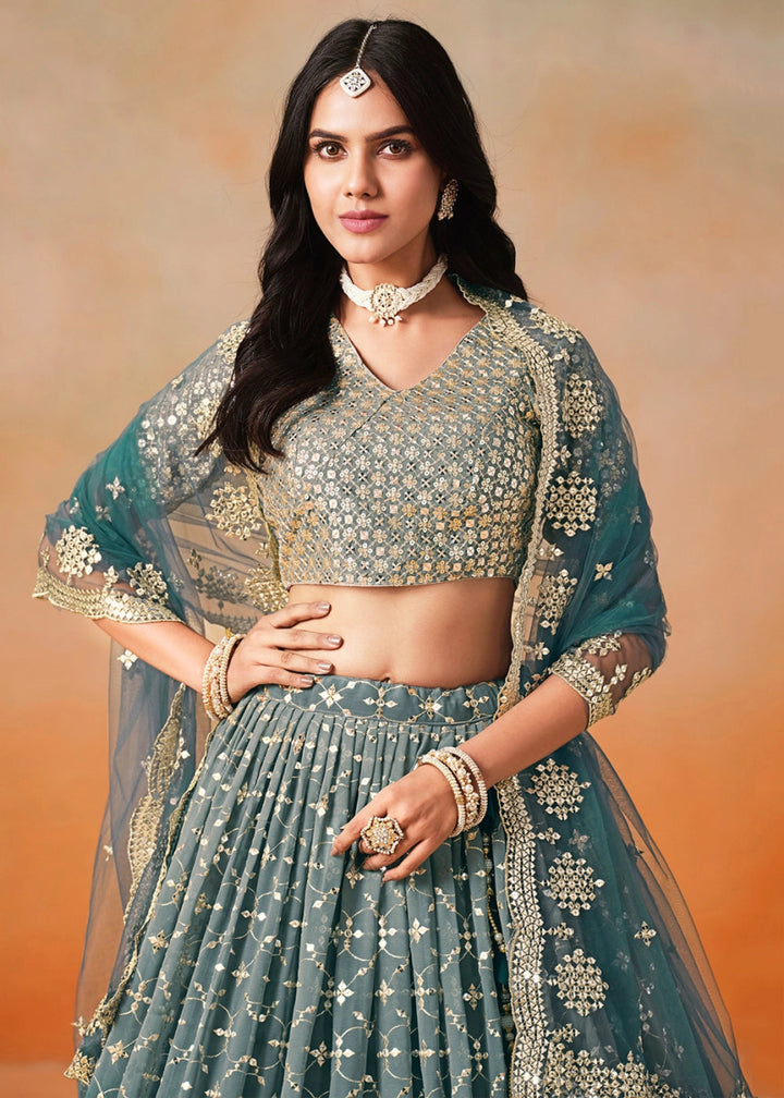 Dove Blue Lehenga Choli in Georgette with Sequin Zari Work - House of Sarvati LLC