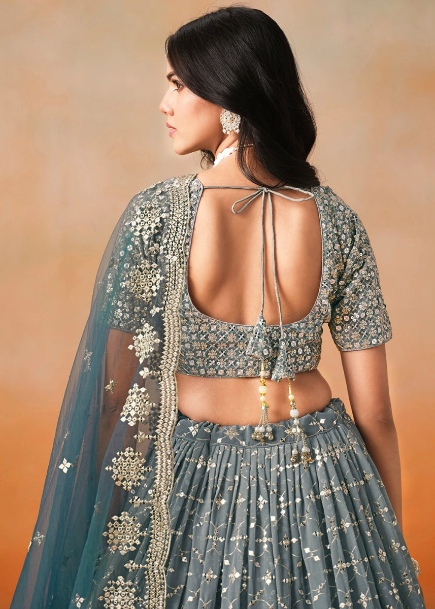 Dove Blue Lehenga Choli in Georgette with Sequin Zari Work - House of Sarvati LLC