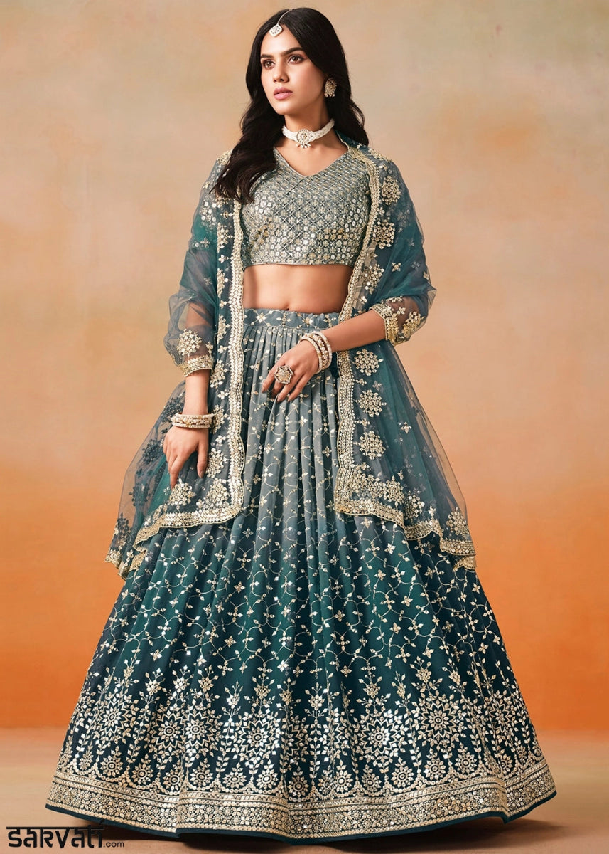 Dove Blue Lehenga Choli in Georgette with Sequin Zari Work - House of Sarvati LLC