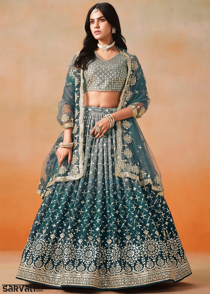 Dove Blue Lehenga Choli in Georgette with Sequin Zari Work - House of Sarvati LLC