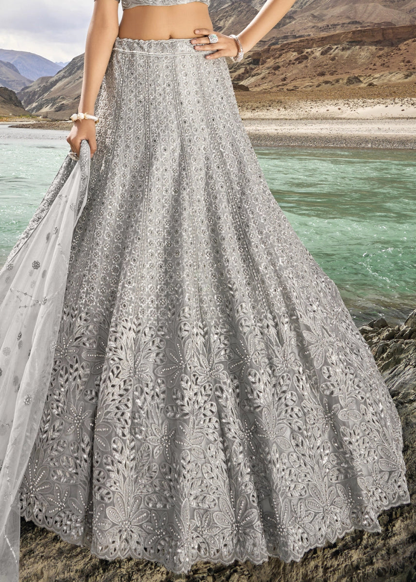 Dove Grey Organza Lehenga Choli Adorned With Cutwork, Mirror, And Zarkan Embellishments - House of Sarvati LLC