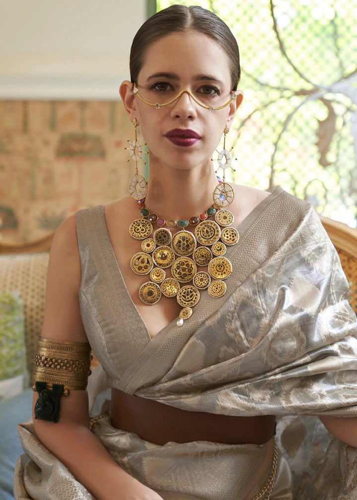 Dove Grey Tissue Silk Saree with Delicate Handloom Zari Embroidery - House of Sarvati LLC