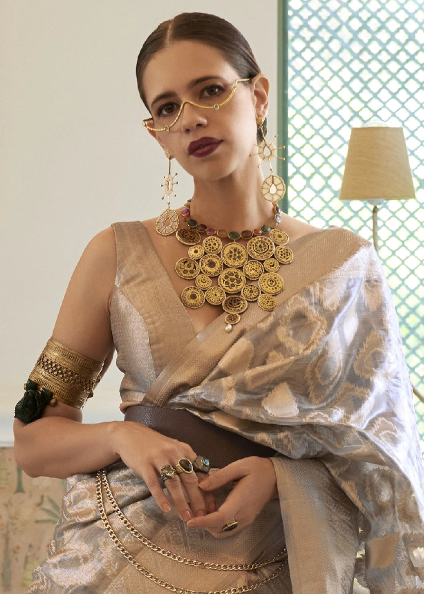 Dove Grey Tissue Silk Saree with Delicate Handloom Zari Embroidery - House of Sarvati LLC