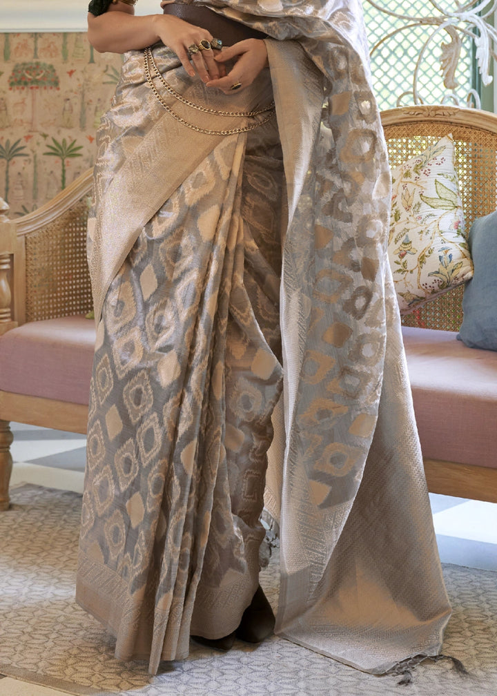 Dove Grey Tissue Silk Saree with Delicate Handloom Zari Embroidery - House of Sarvati LLC