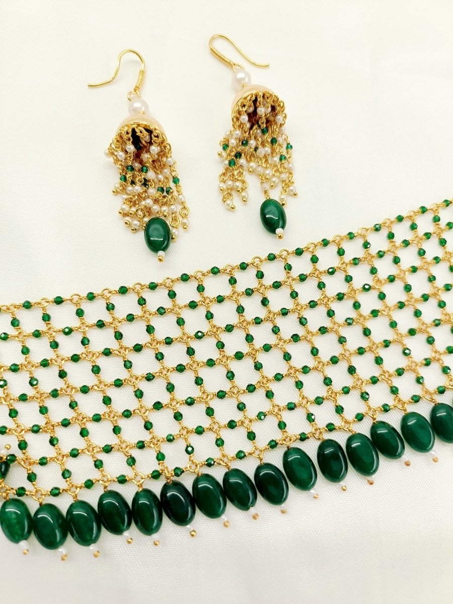 Dropati Green Beads Necklace Set - House of Sarvati LLC