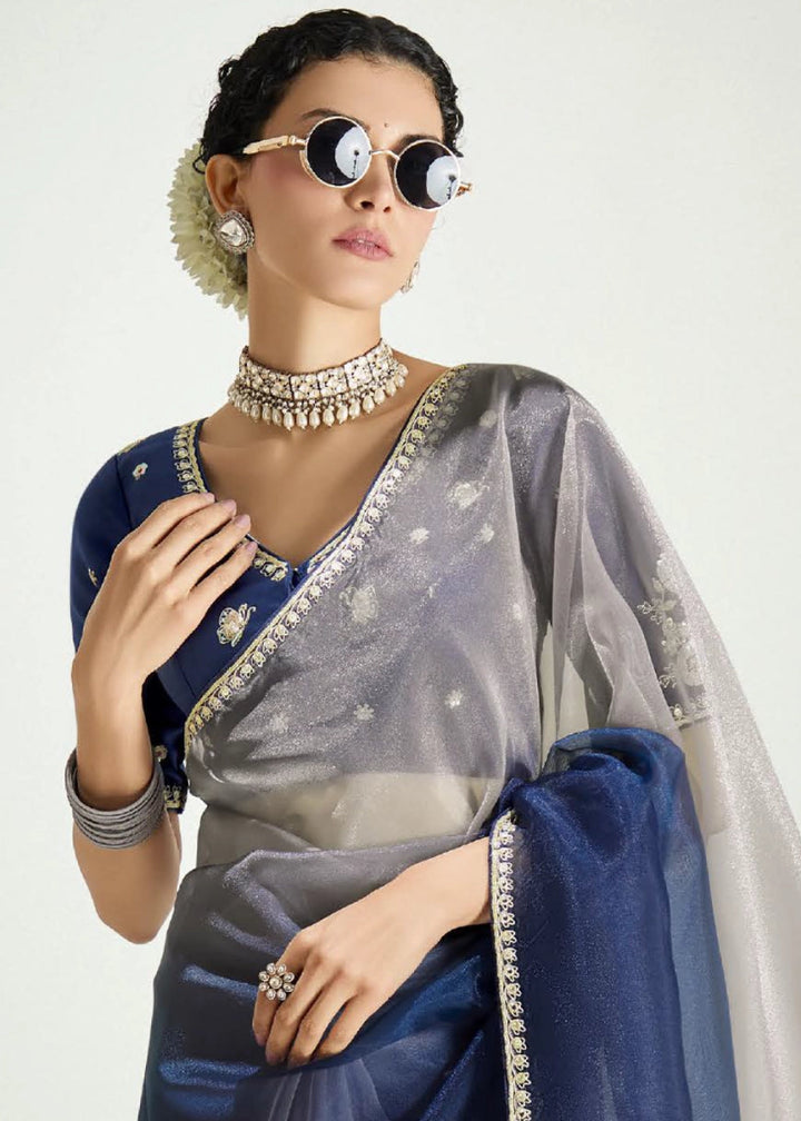 Dual Shade Blue & Grey Organza Tissue Saree Paired with Embroidered Blouse - House of Sarvati LLC