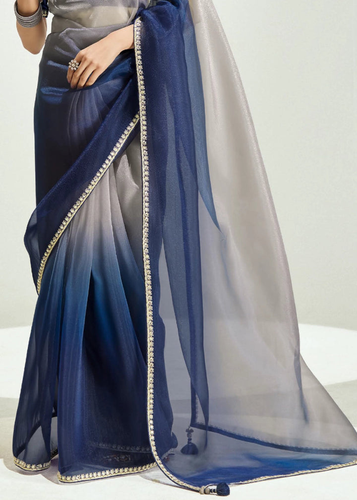 Dual Shade Blue & Grey Organza Tissue Saree Paired with Embroidered Blouse - House of Sarvati LLC