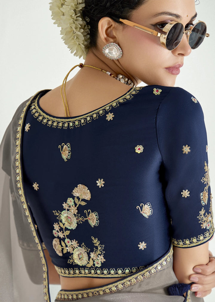 Dual Shade Blue & Grey Organza Tissue Saree Paired with Embroidered Blouse - House of Sarvati LLC