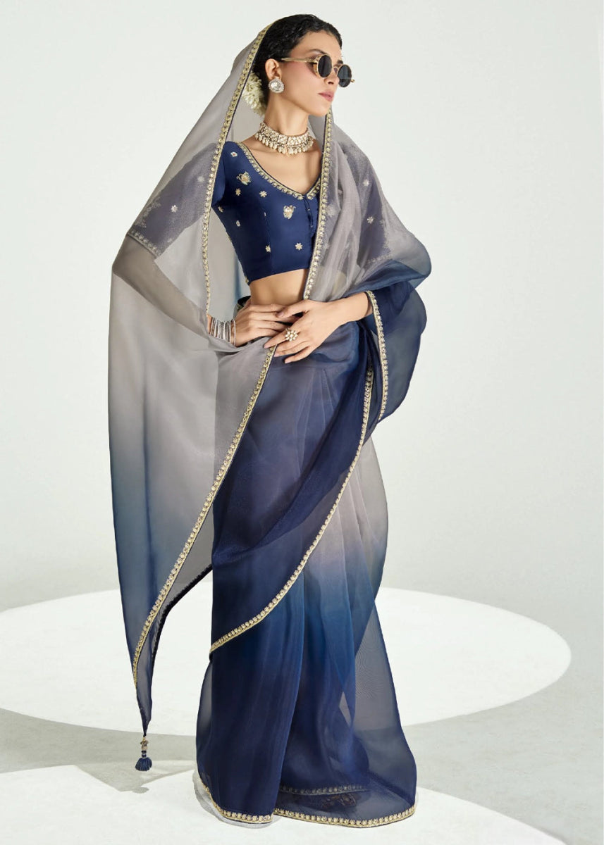 Dual Shade Blue & Grey Organza Tissue Saree Paired with Embroidered Blouse - House of Sarvati LLC