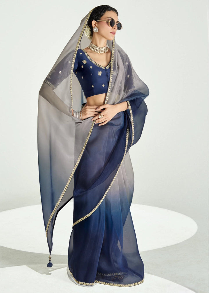 Dual Shade Blue & Grey Organza Tissue Saree Paired with Embroidered Blouse - House of Sarvati LLC