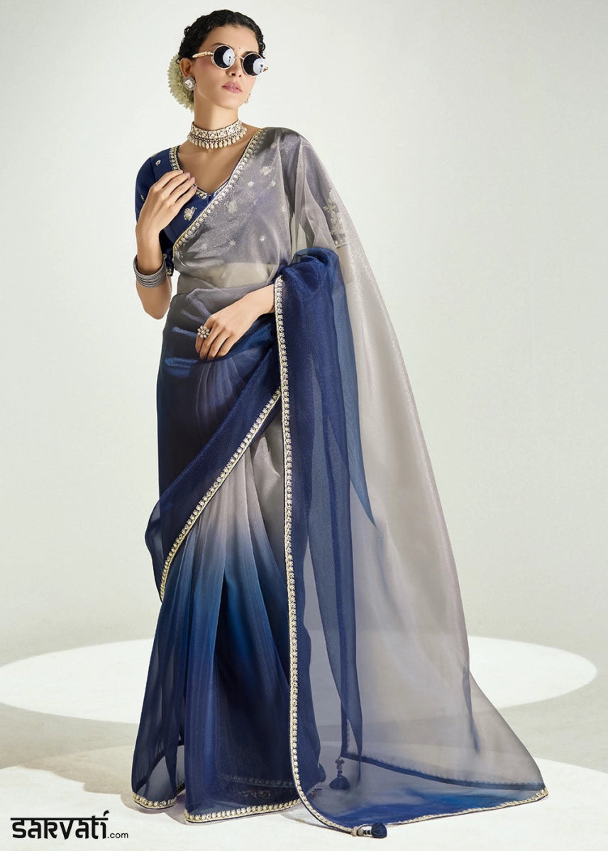 Dual Shade Blue & Grey Organza Tissue Saree Paired with Embroidered Blouse - House of Sarvati LLC