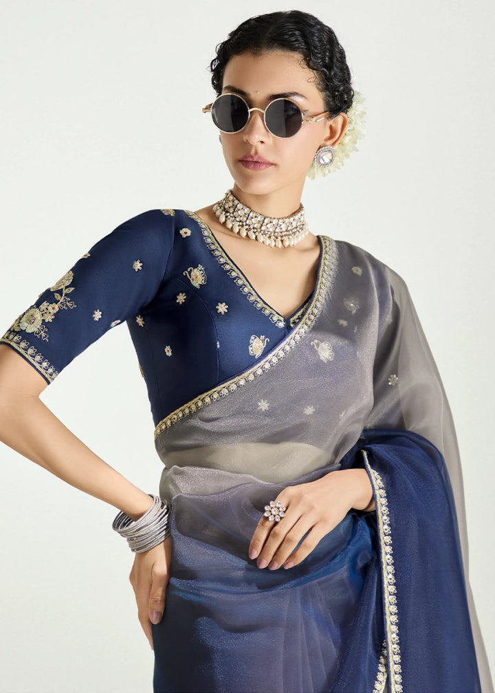 Dual Shade Blue & Grey Organza Tissue Saree Paired with Embroidered Blouse - House of Sarvati LLC