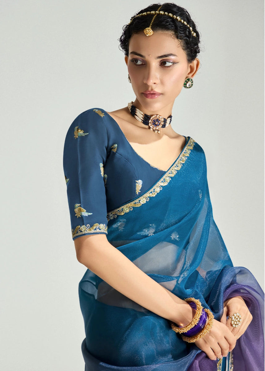Dual Shade Blue & Purple Organza Tissue Saree Paired with Embroidered Blouse - House of Sarvati LLC